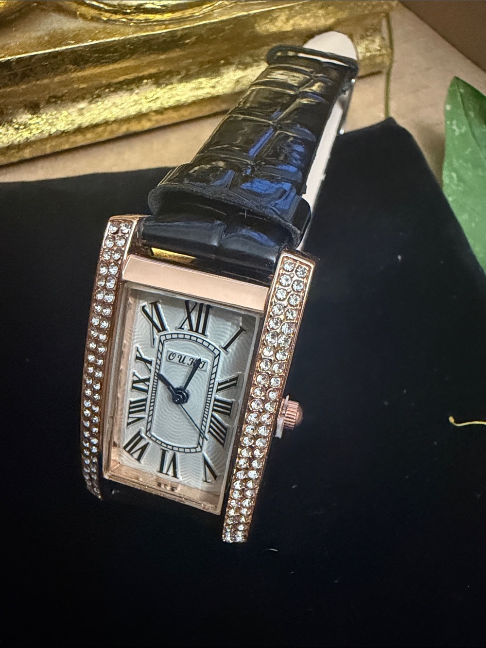 XOXO Rose Gold-Tone Crystal Rectangular Watch with Black Strap